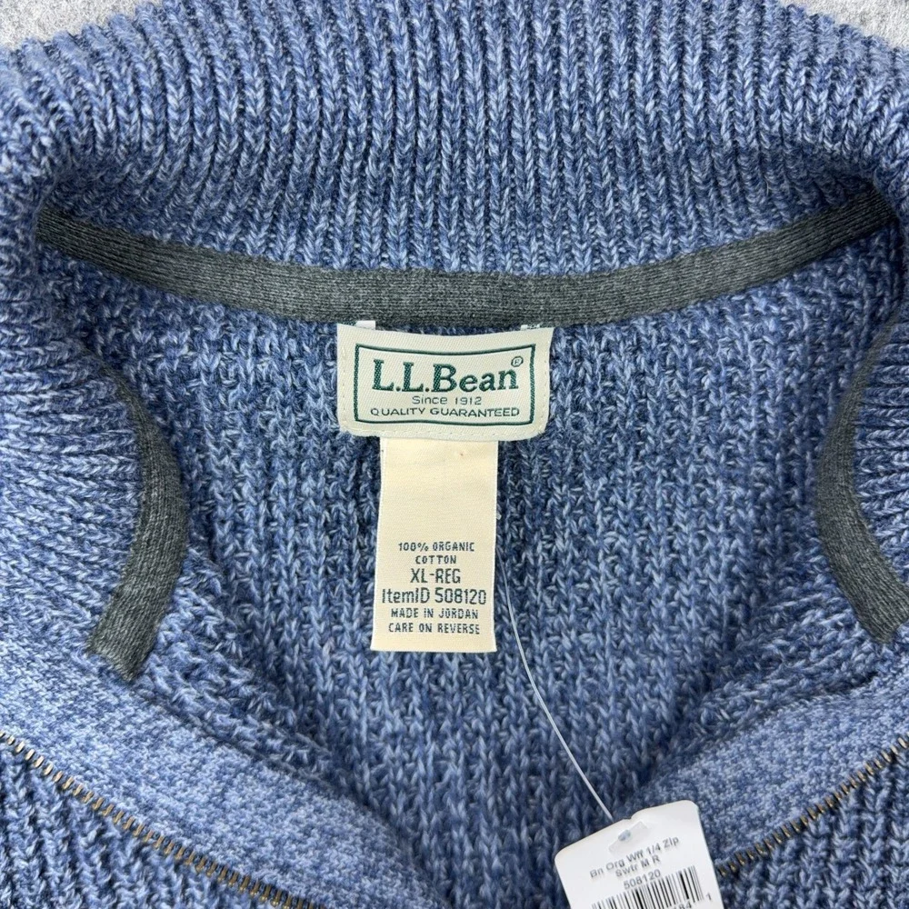 LL Bean Sweater Mens XL Indigo Blue‎ Organic Cotton Waffle Knit 1/4 Zip Mock NEW